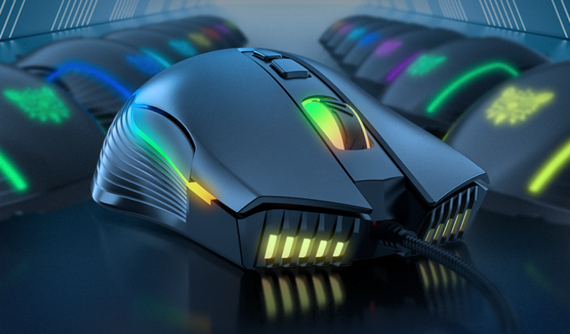 Black RGB wired gaming mouse angled view with RGB lighting