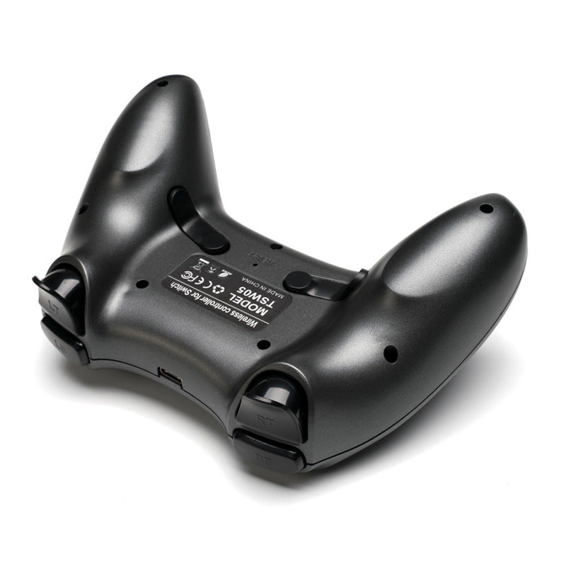 Black wireless Bluetooth game controller back view on a white background