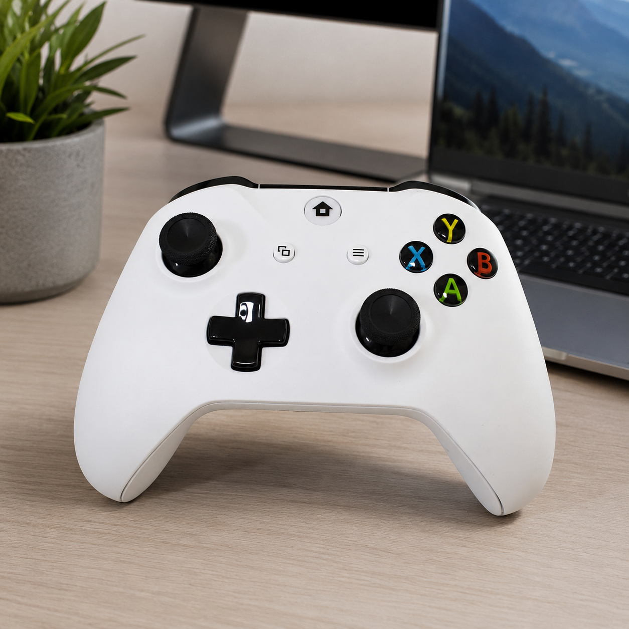 White wireless game controller with vibration support on a modern desk setup