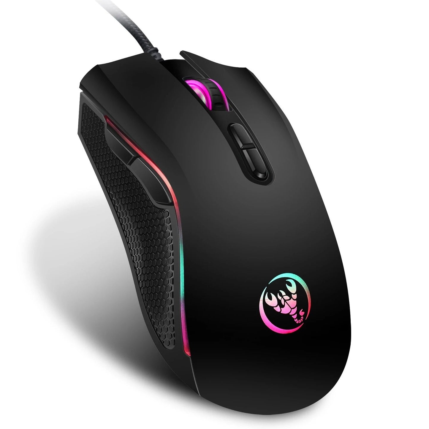 Black RGB wired gaming mouse with 3200 DPI on a white background