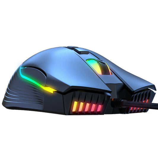 Black RGB wired gaming mouse with 6400 DPI on a white background