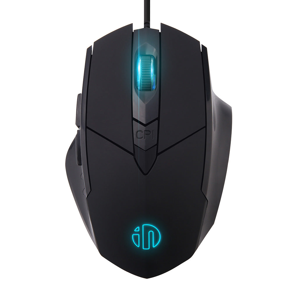 Black RGB wired gaming mouse on a white background