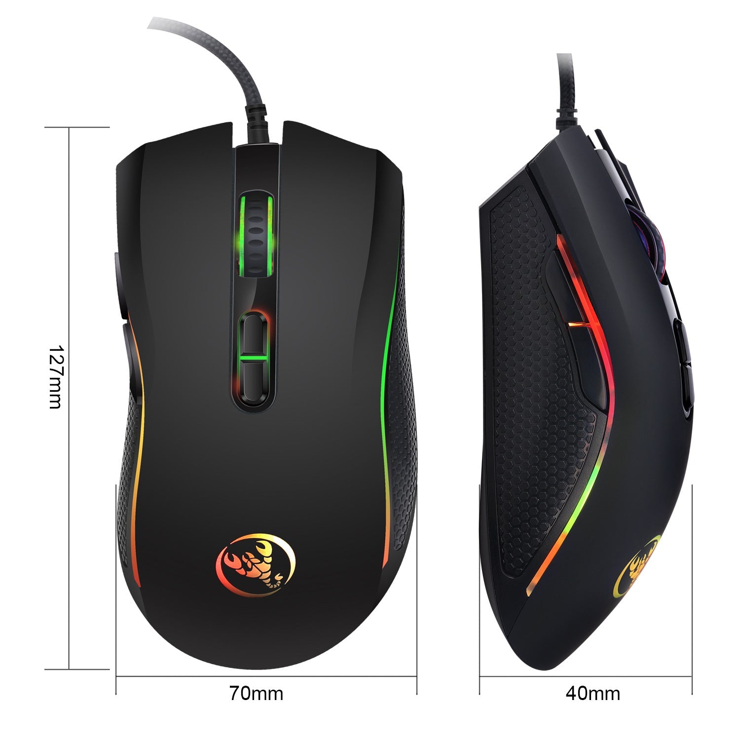 Black RGB wired gaming mouse top and side view