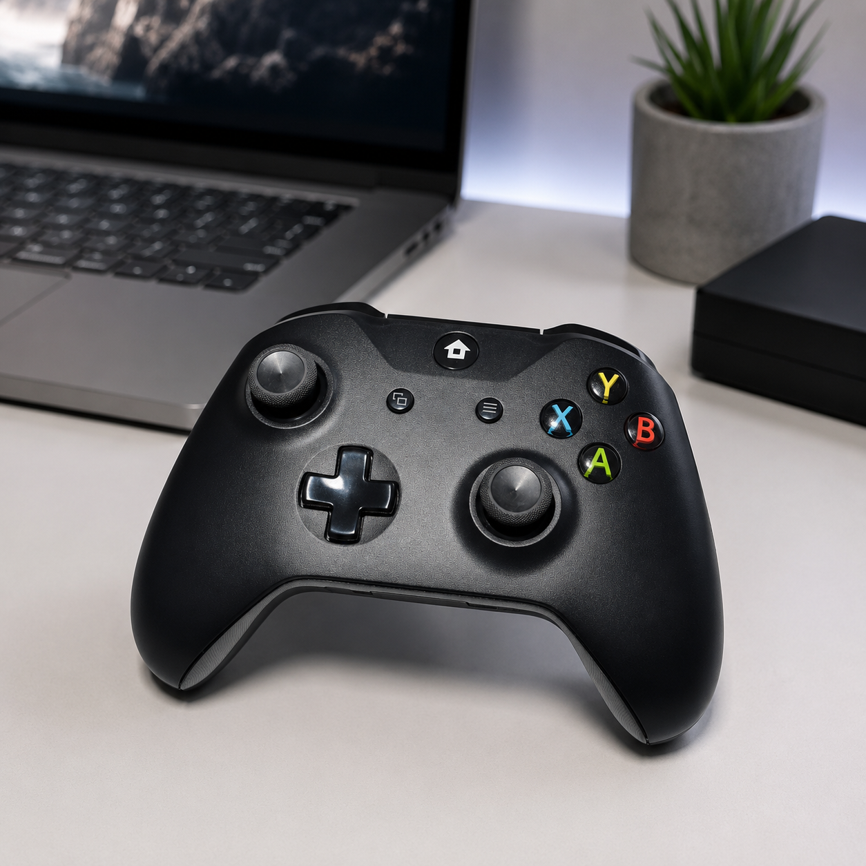 Black wireless game controller with vibration support on a clean desk setup