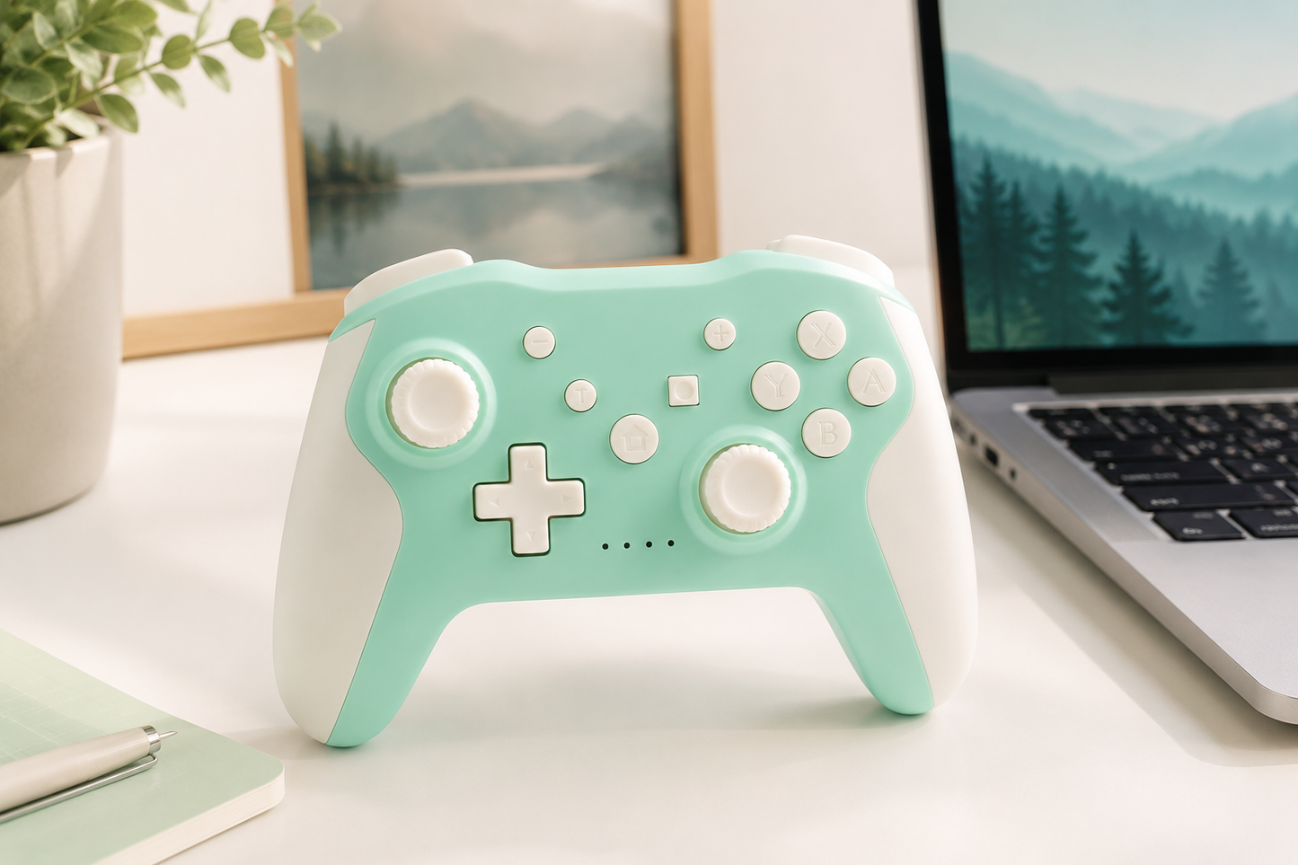Green compact Bluetooth game controller with Type-C charging on a clean workspace