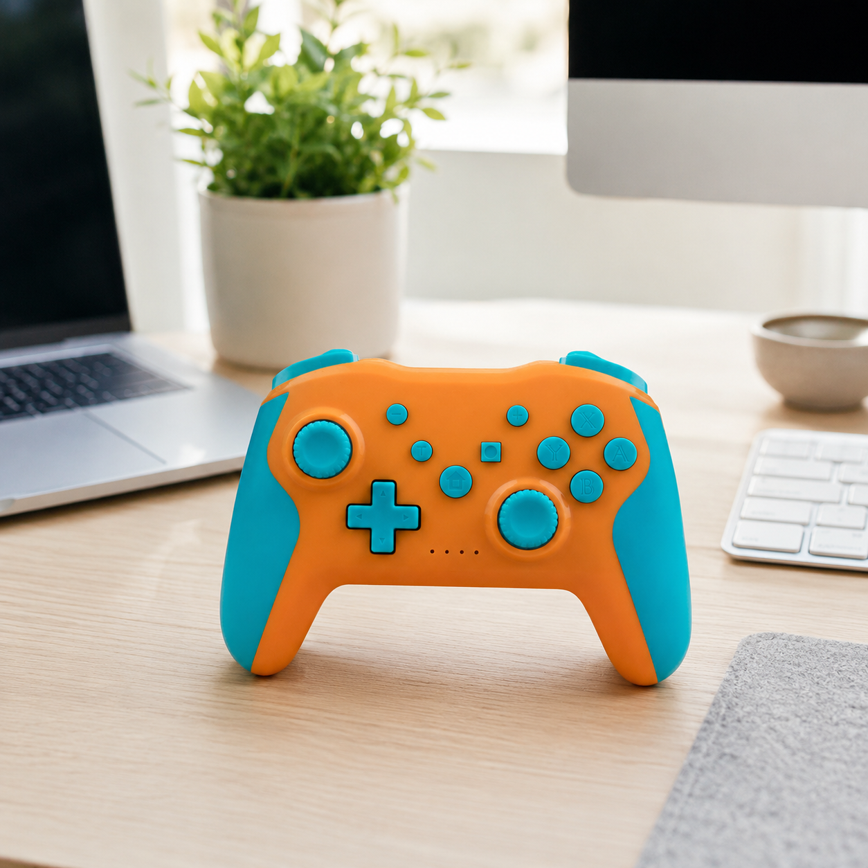 Orange compact Bluetooth game controller with Type-C charging on a clean desk setup