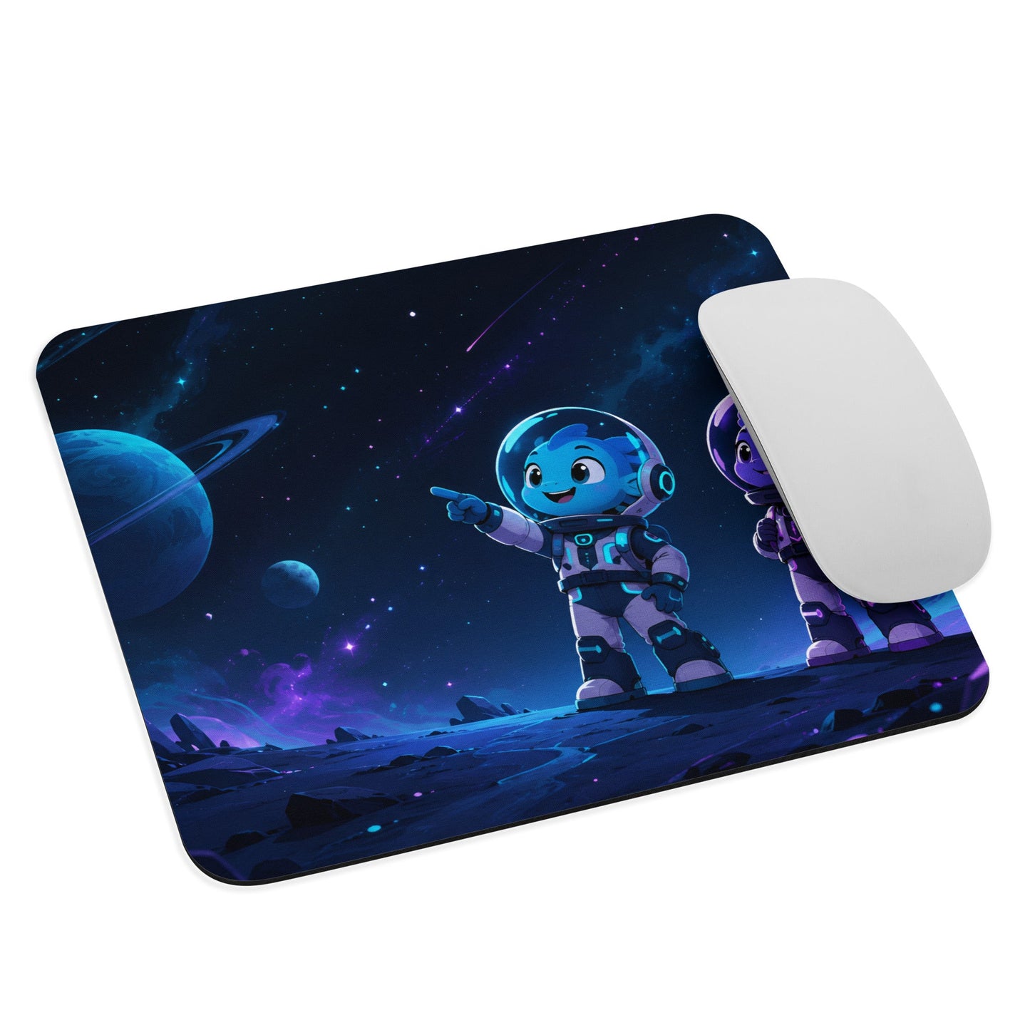 Angled view of Cosmic Duo Mouse Pad with mouse on a clean setup
