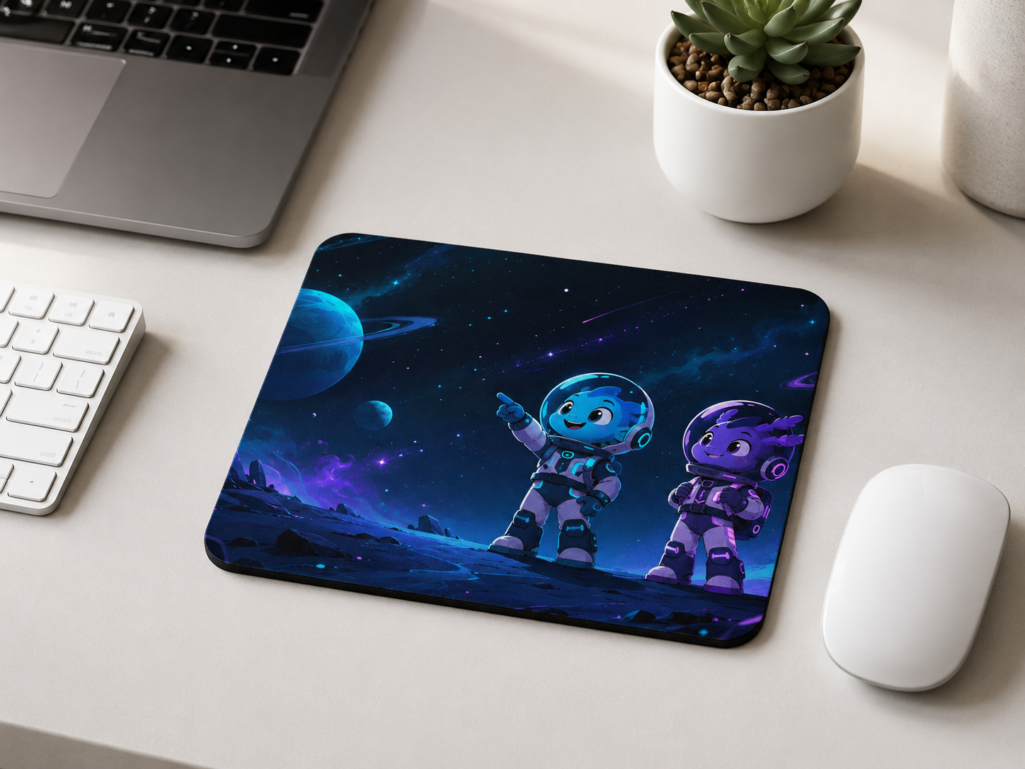 Cosmic Duo Mouse Pad on a clean desk setup with keyboard and mouse