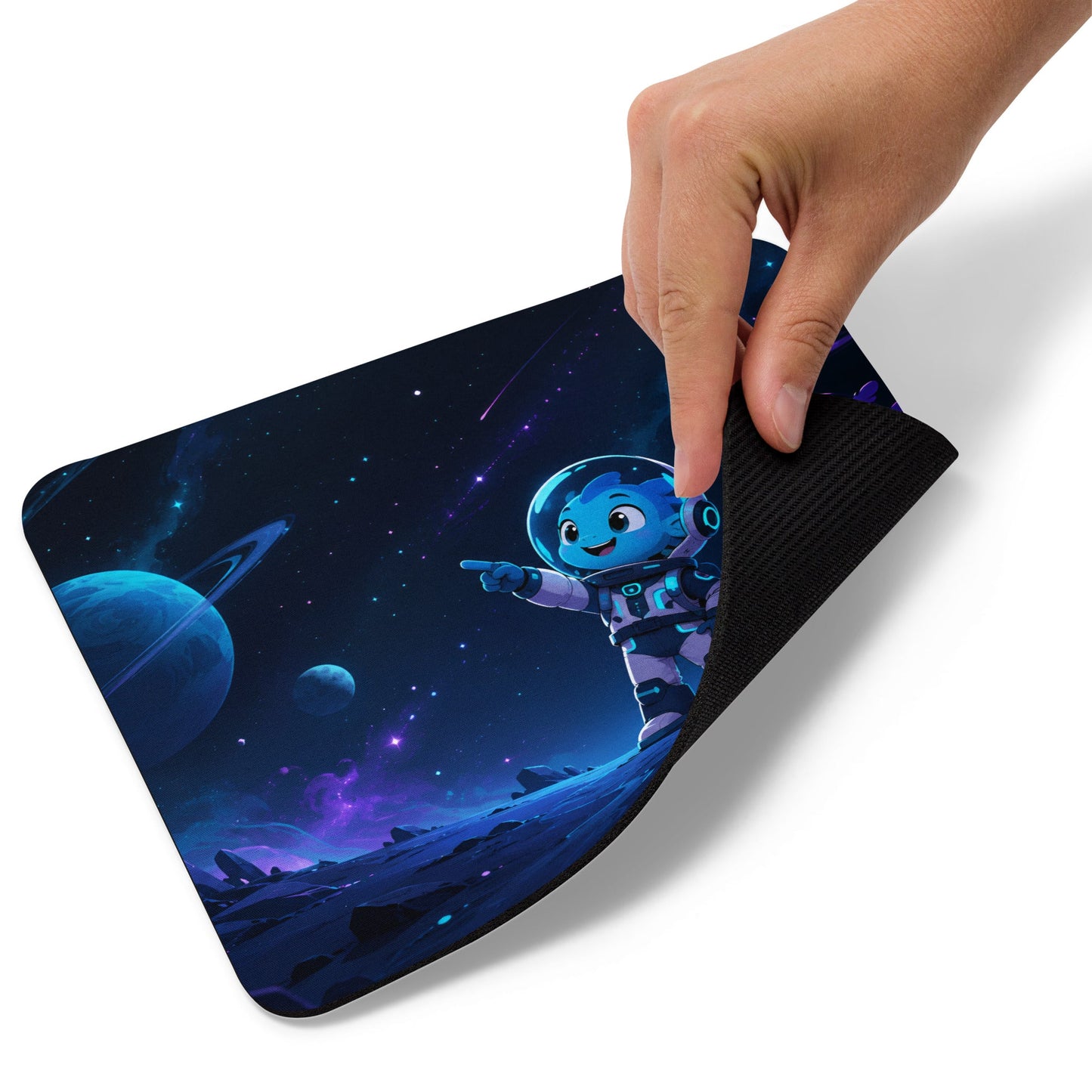 Cosmic Duo Mouse Pad showing flexible surface and printed space artwork