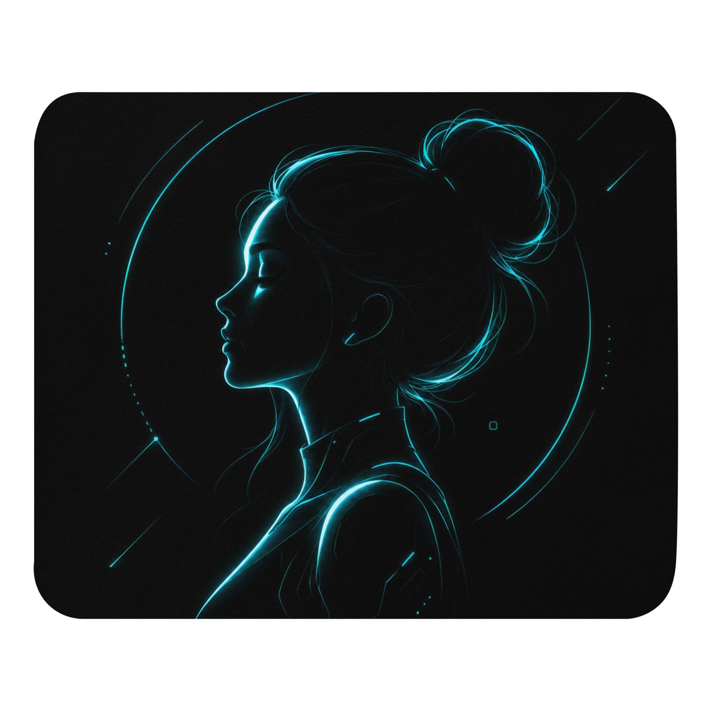Cyan Aura Mouse Pad with black and cyan neon portrait artwork
