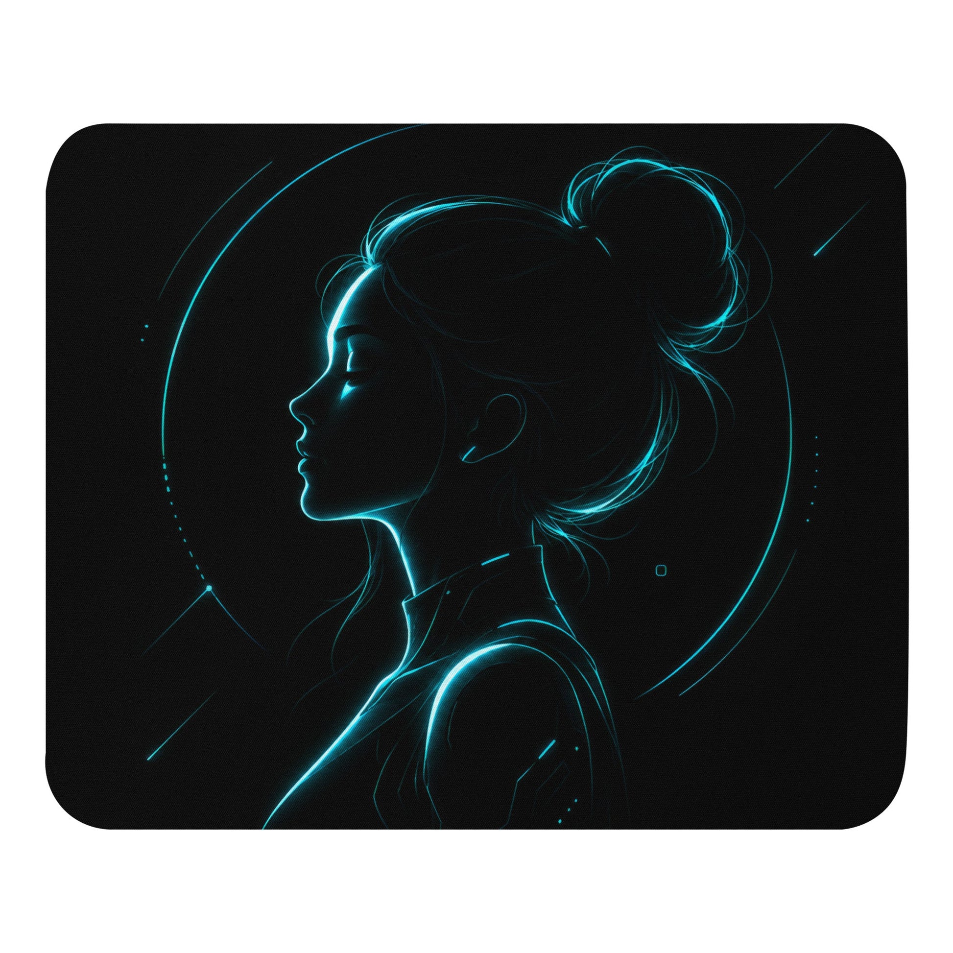 Cyan Aura Mouse Pad with black and cyan neon portrait artwork