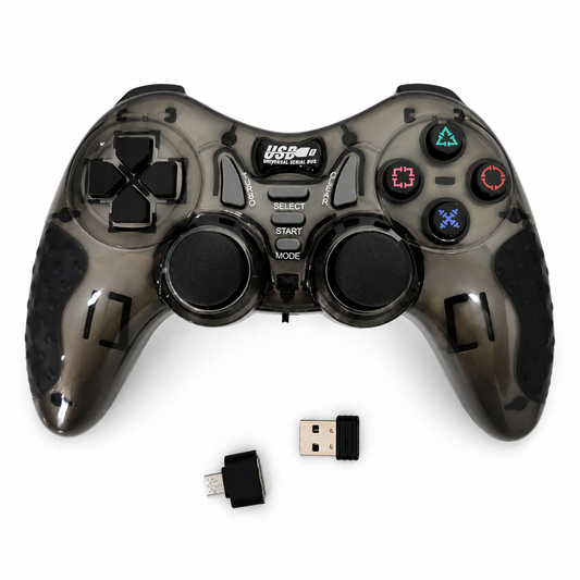 Gray USB game controller with receiver and adapter