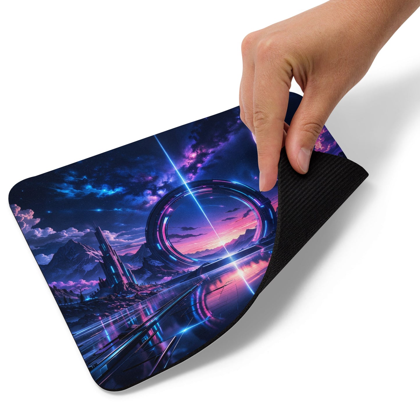 Neon Portal Mouse Pad shown in a hand-held product mockup