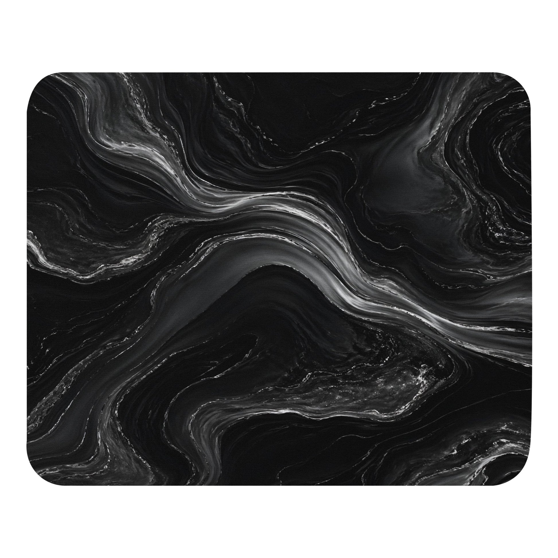 Obsidian Flow Mouse Pad with black and silver abstract flow artwork