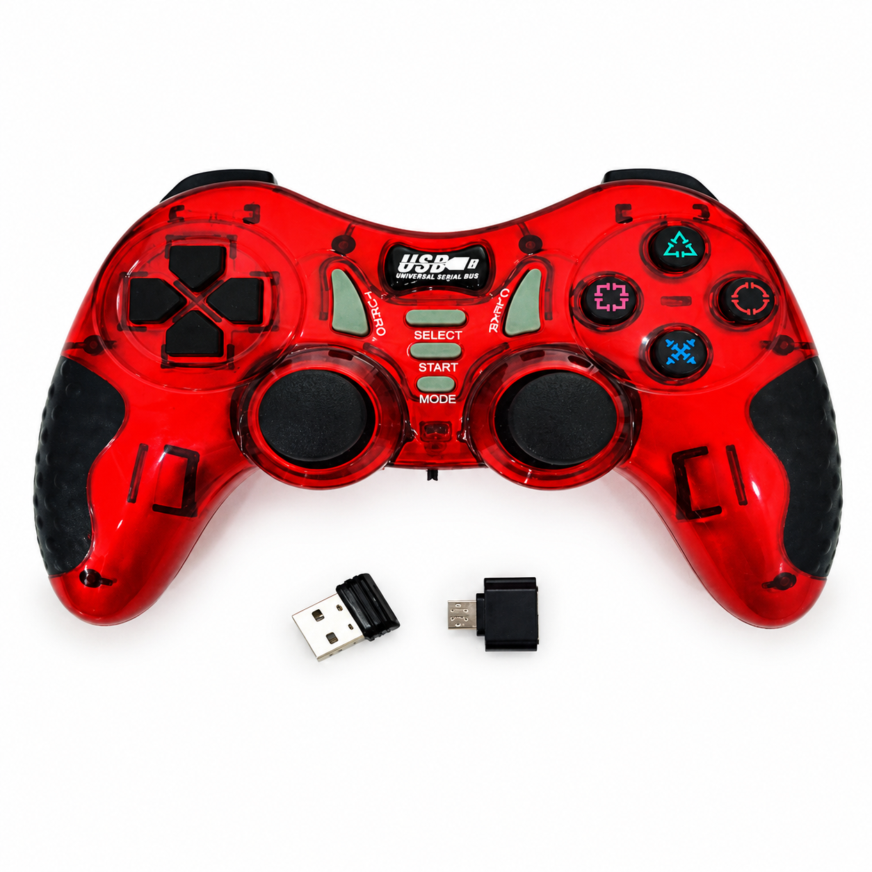 Red USB game controller front view with receiver and adapter