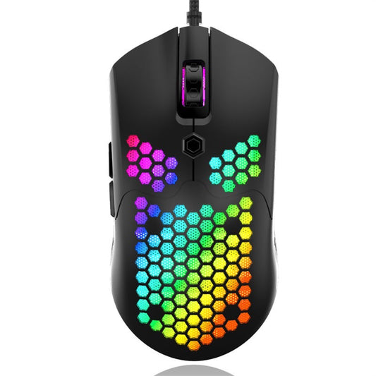 RGB wired gaming mouse with honeycomb shell on a white background
