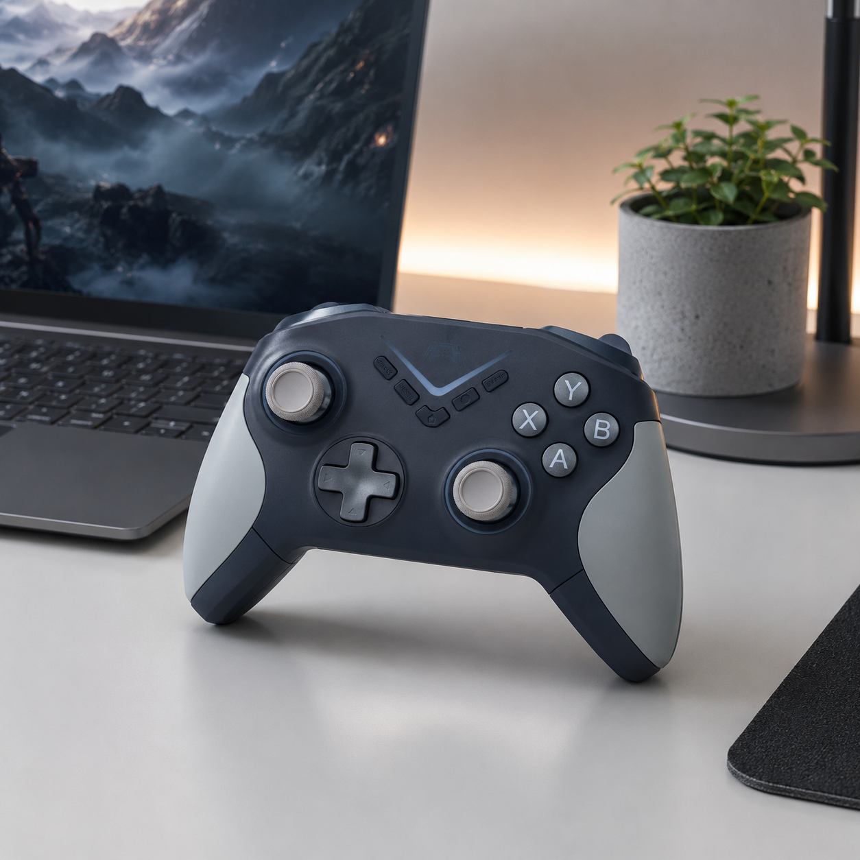 Grey wireless Bluetooth game controller on a clean desk setup with laptop